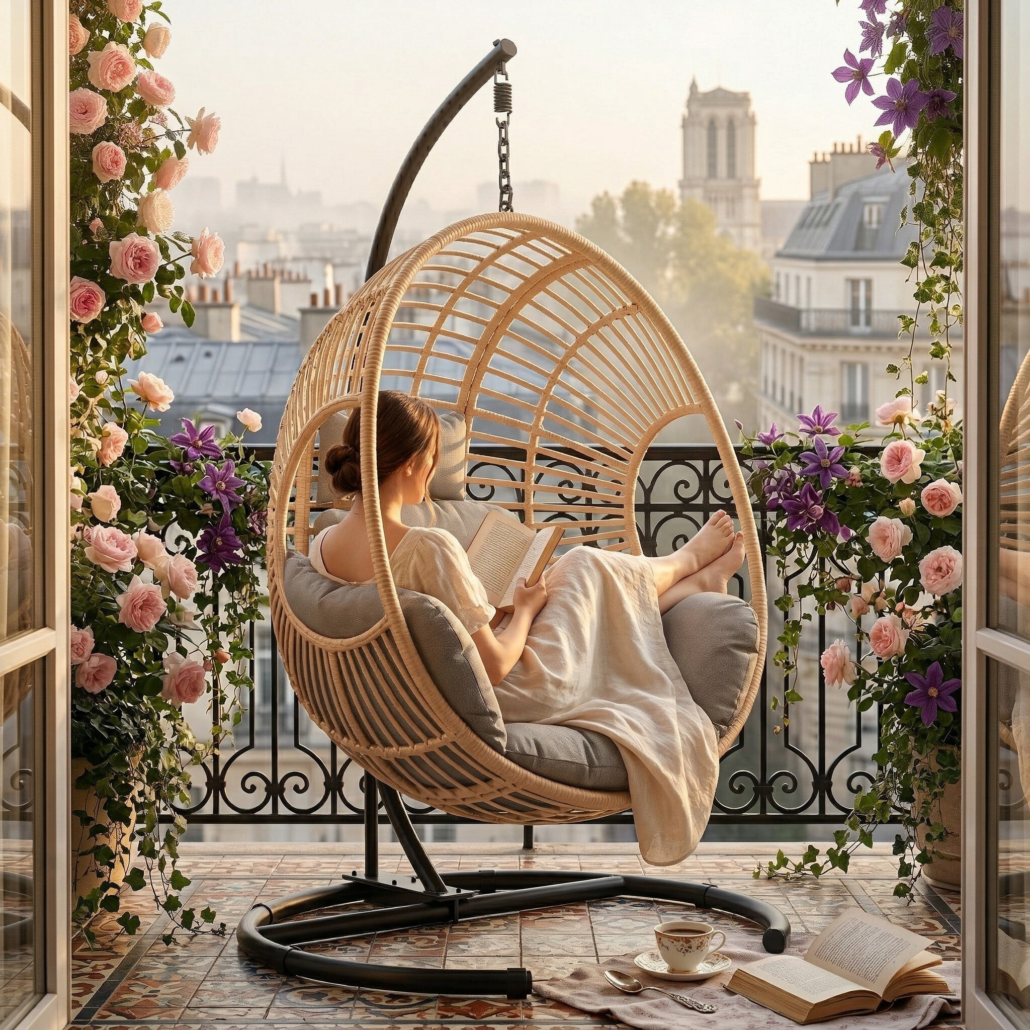 avobird 42" Wide U-Base Hanging Egg Chair, Patio Swing with 8-Inch Cushion Weatherproof PE Rattan & Waterproof Cover, Suitable for use in outdoor gardens and on balconies, Natural