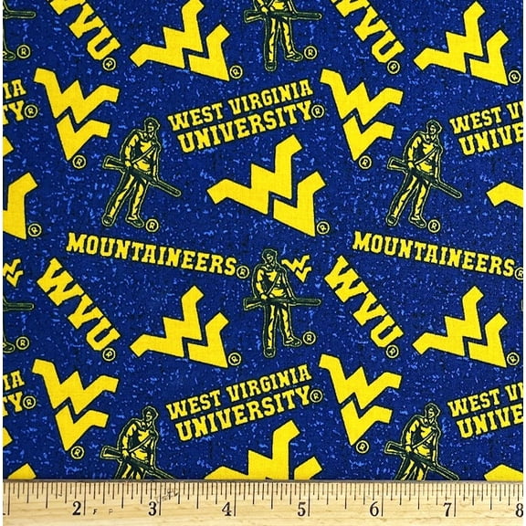 1 Fat Quarter - West Virginia University WVU Mountaineers on Blue Cotton Fabric - 21" X 18"