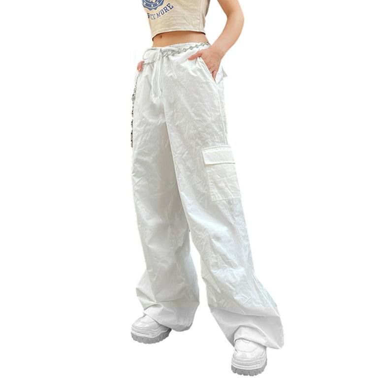 Diconna Women Oversized Baggy Cargo Pants Low Waist Jogger Cinch Sweatpants  Casual Vintage Y2K Wide Leg Loose Trousers White M