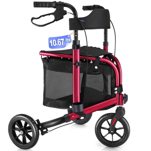 WalkMate 3 Wheel Rollator Walker for Slim Senior, 8'' Wheel Lightweight Folding Rollator Walker, Red