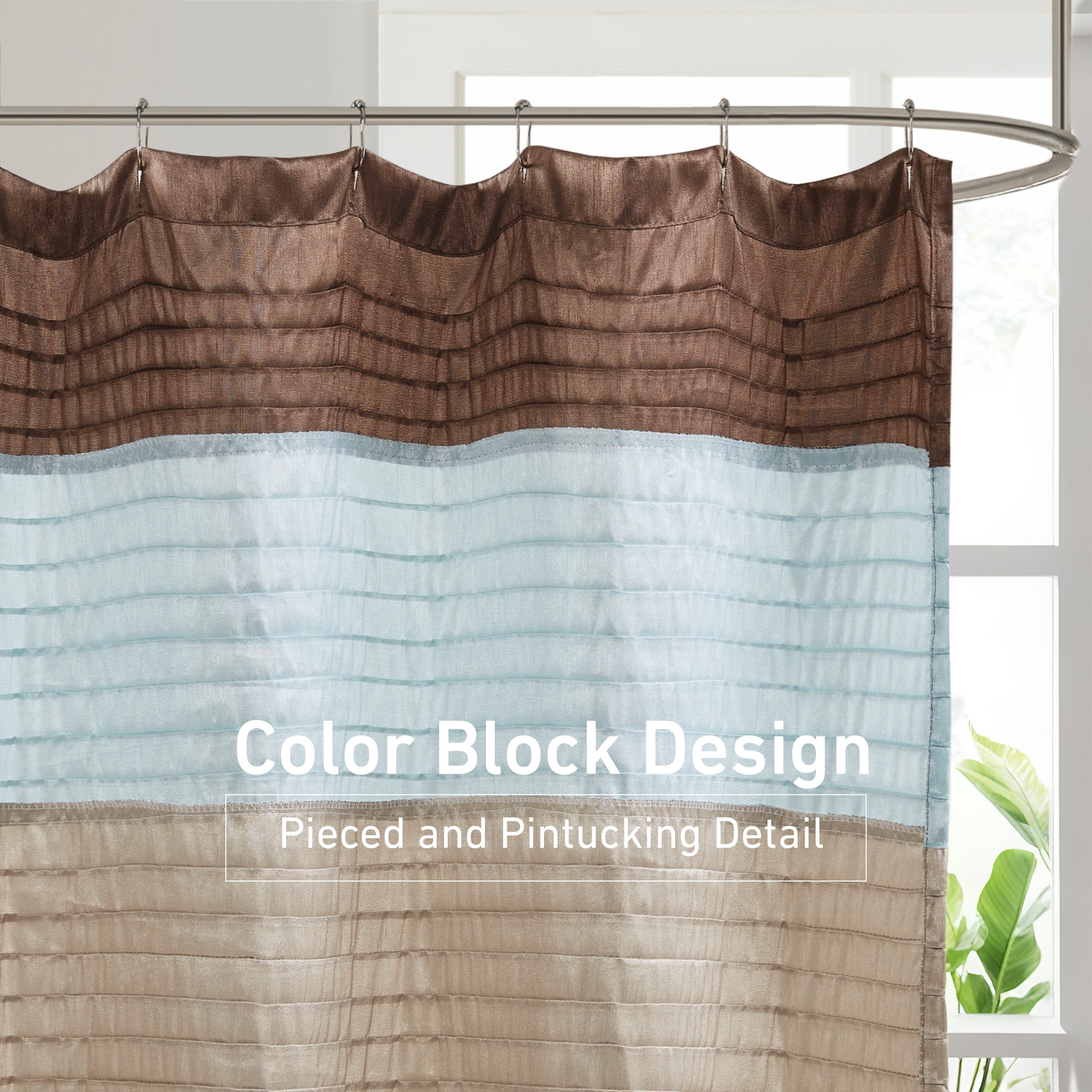Madison Park Blue/Brown Faux Silk Shower Curtain, Striped Lightweight Bath Curtain Decor, Brown Curtain for Bathroom, 72"x72"