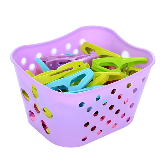 30pcs Sturdy Clothespin Clothes Clips Pegs with Basket Plastic Laundry Windproof Photo Paper Pegs Craft Clips Painting Display Pegs Kitchen Pegs(Random Color)