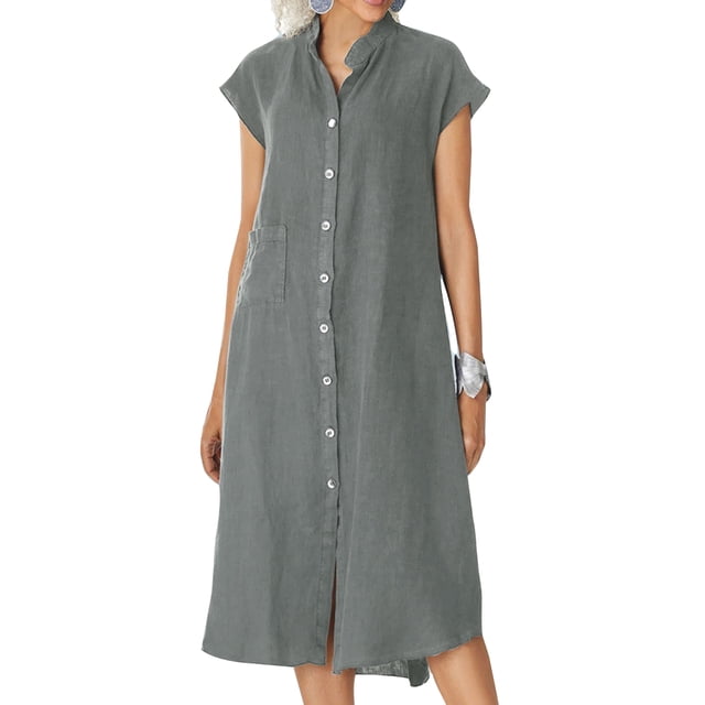 LUXUR Robes Maxi pour Femmes Boutonnées Robe d'Été de Plage Col en V Longue Robe Décontractée Manches Courtes Gris TG