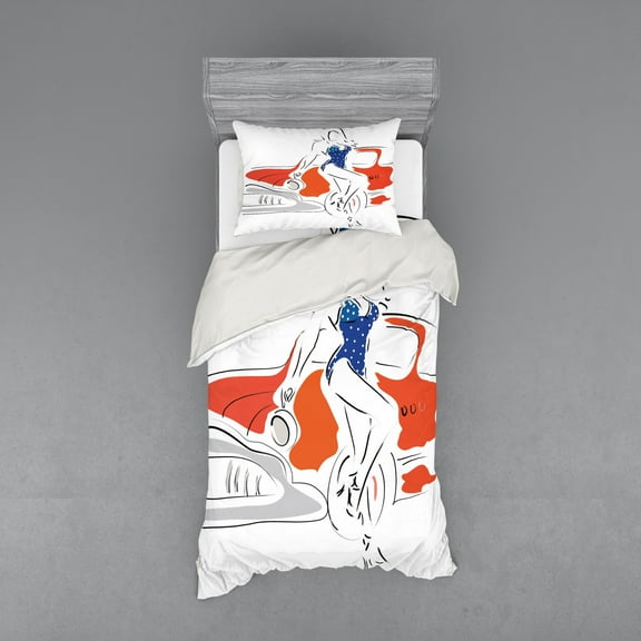 Ambesonne Modern Bedding Set 3 Pcs, Woman Sketch in Polka, Twin XL, Vermilion and Blue