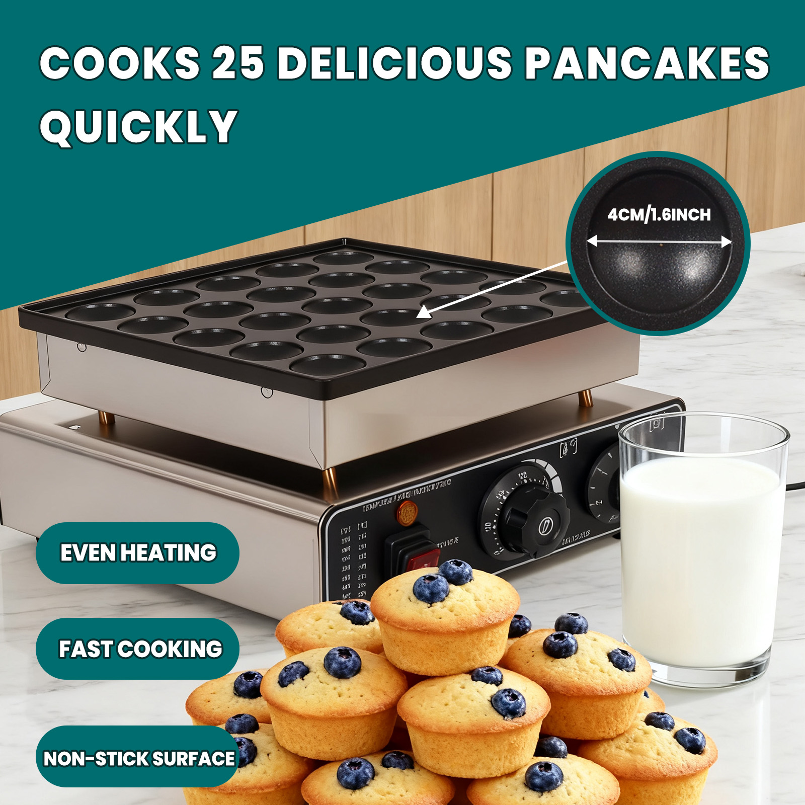 25PCS Mini Dutch Pancake Maker,Stainless Steel Muffin Waffle Maker 110V 950W, Electric Hotcakes Machine with Waterproof Design for Breakfast & Café