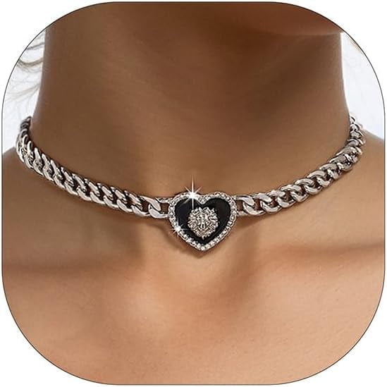 Gold Heart Necklace For Women Chunky Heart Necklace Lion Head Chunky Gold Necklace Silver Heart Choker Rhinestone Cuban Link Chain Punk Statement Jewelry[Z4554]