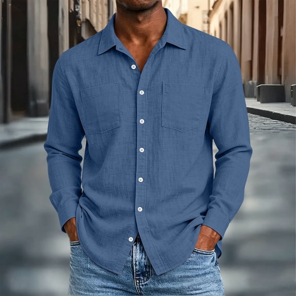Mifsaly Linen Button Down Shirt Men Long Sleeve Lapel Collar Work Blouses Classic Fit Lightweight Breathable office Casual Summer Fall Clothes Navy,XXL