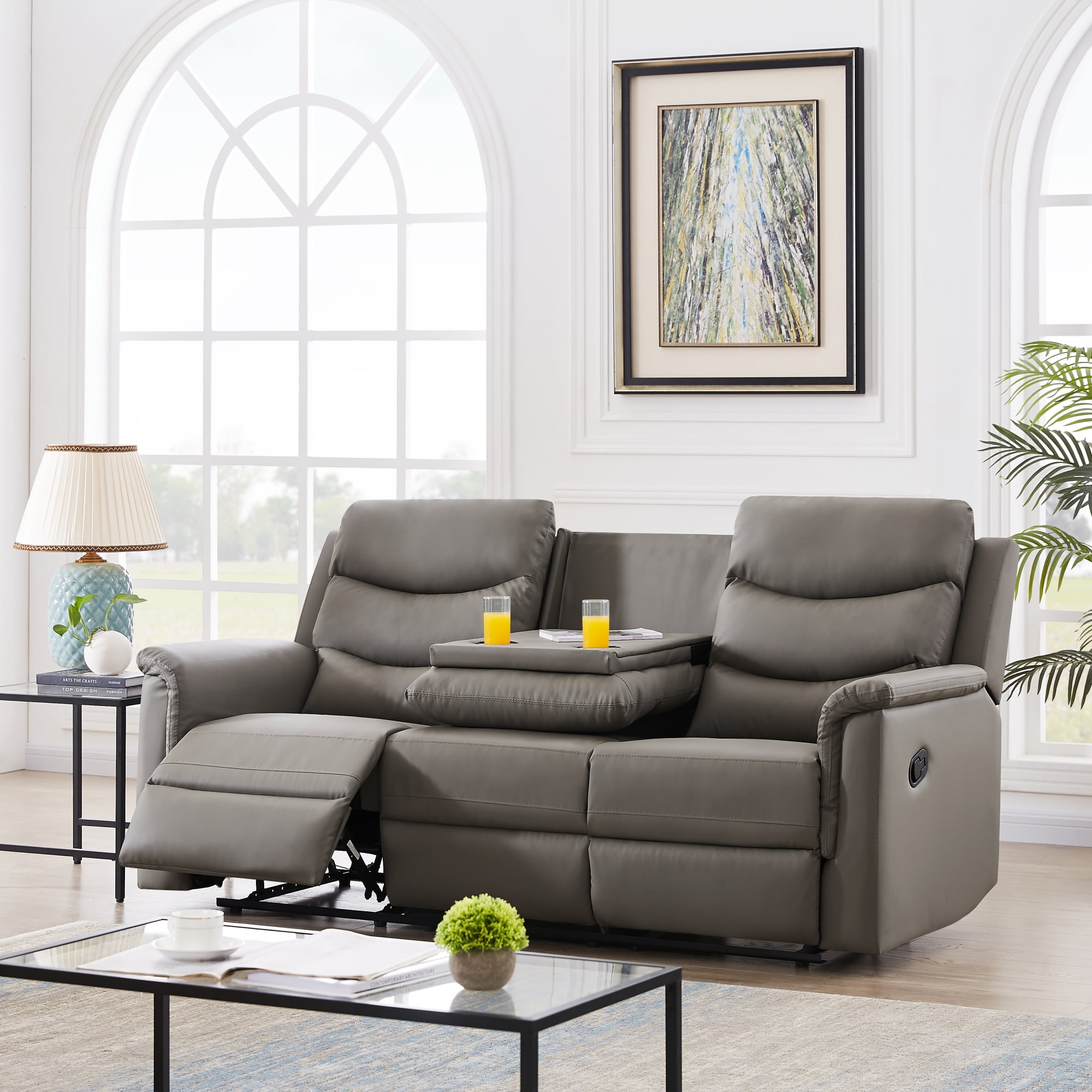 Modstyle Reclining Sofa Couch with Console & Cup Holders, PU Leather Gray | Ecksofas