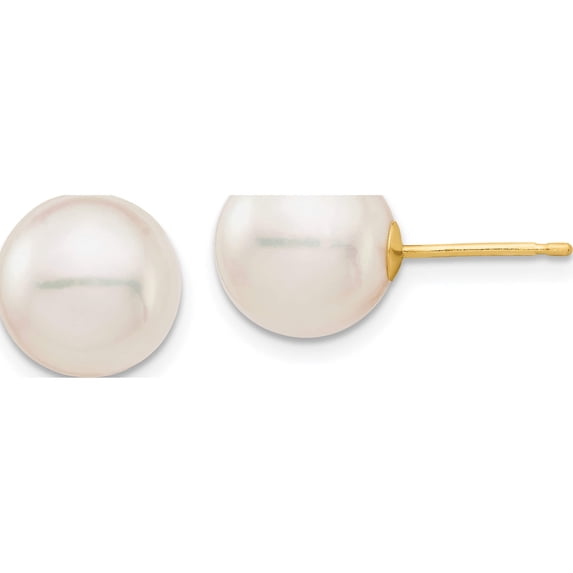 14K Yellow Gold 9-10mm White Round Saltwater Akoya Cultured Pearl Stud Post Earrings Made In Canada xf683e