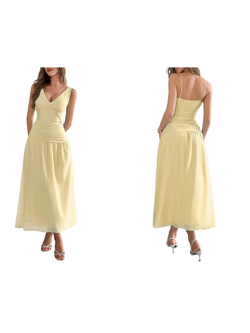 Women'S Summer Sleeveless Casual Dresses V-Neck Wrinkles Backless Party Dress Yellow L