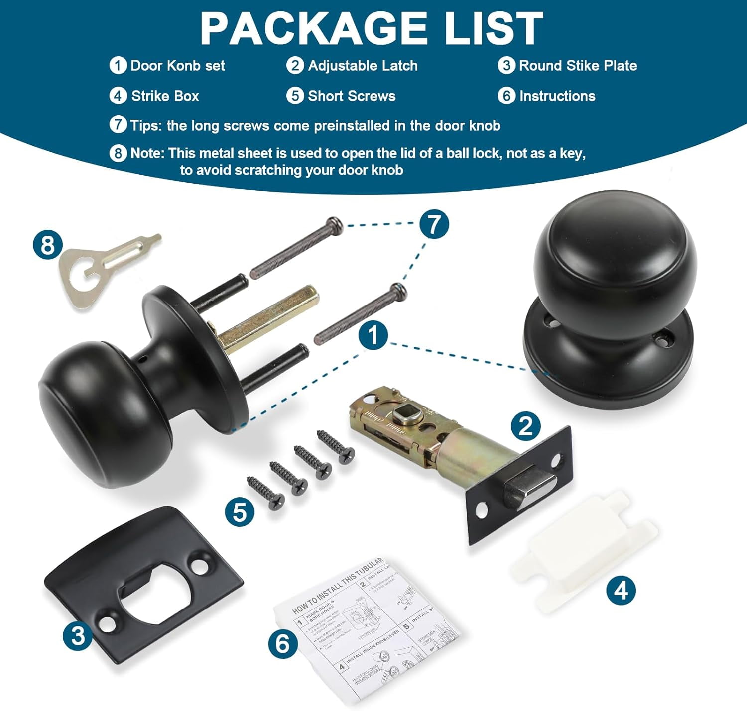 Passage Door Knobs, 5 Pack Matte Black Door Knobs, for Hallway & Closet Non-Locking Interior Round Door Handles Keyless Reversible for Left Right Handed Doors