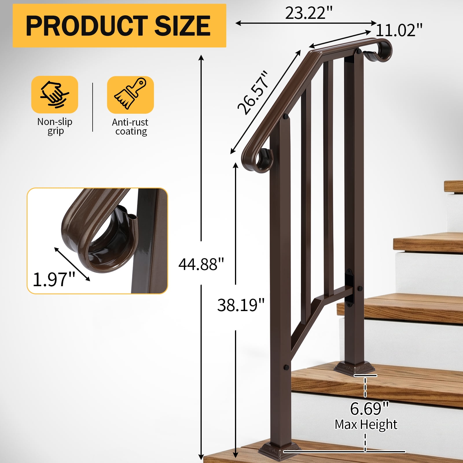 Copper Galvanized Iron Single Step Outdoor Stair Handrail Weather Resistant Anti-Rust Porch Safety Step Railing With Full Installation Hardware
