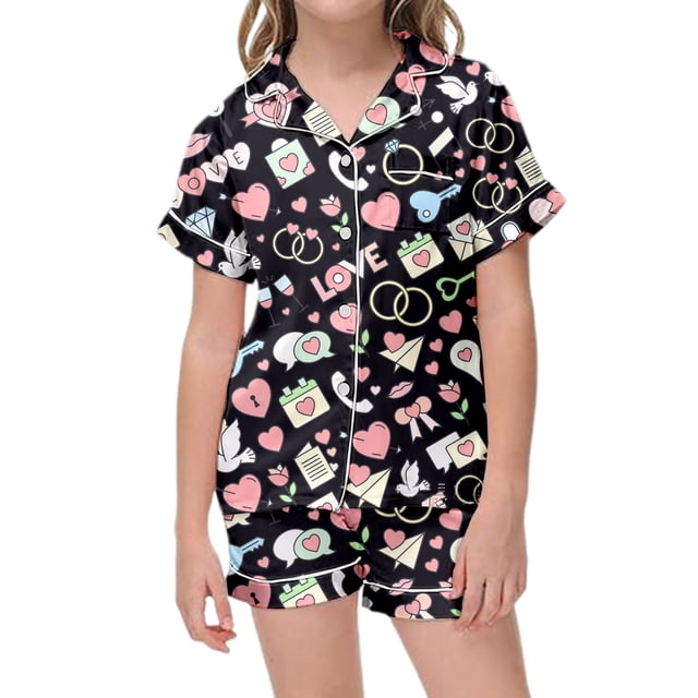 Ensemble de Pyjama à Manches Courtes Imprimé pour Filles, Boutonné, et Short, Tenue de Jeu pour un Coucher Confortable