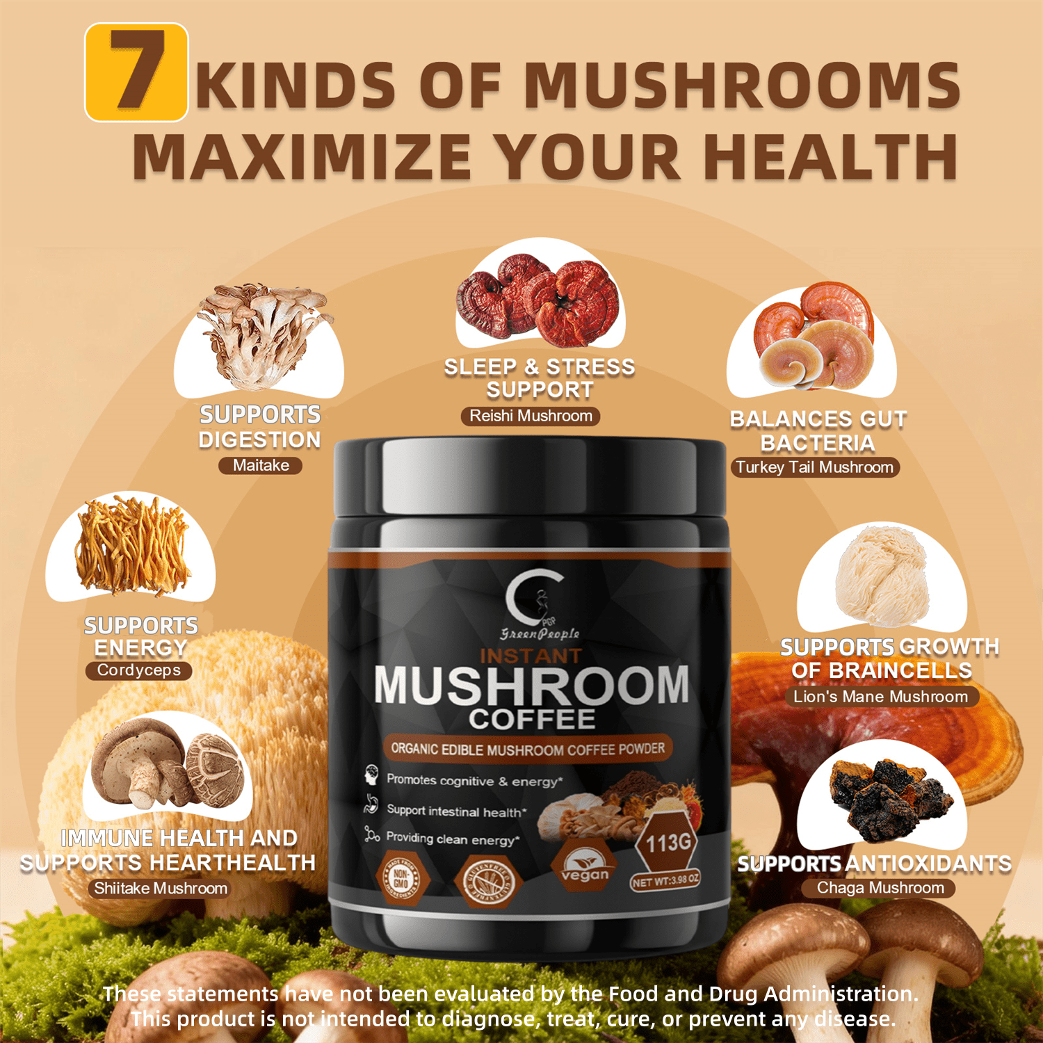 (2 PACK)GPGP Greenpeople Mushroom Coffee Powder Instant, Premium Mushroom Coffee Supplement for Energy, Focus, 8oz Total