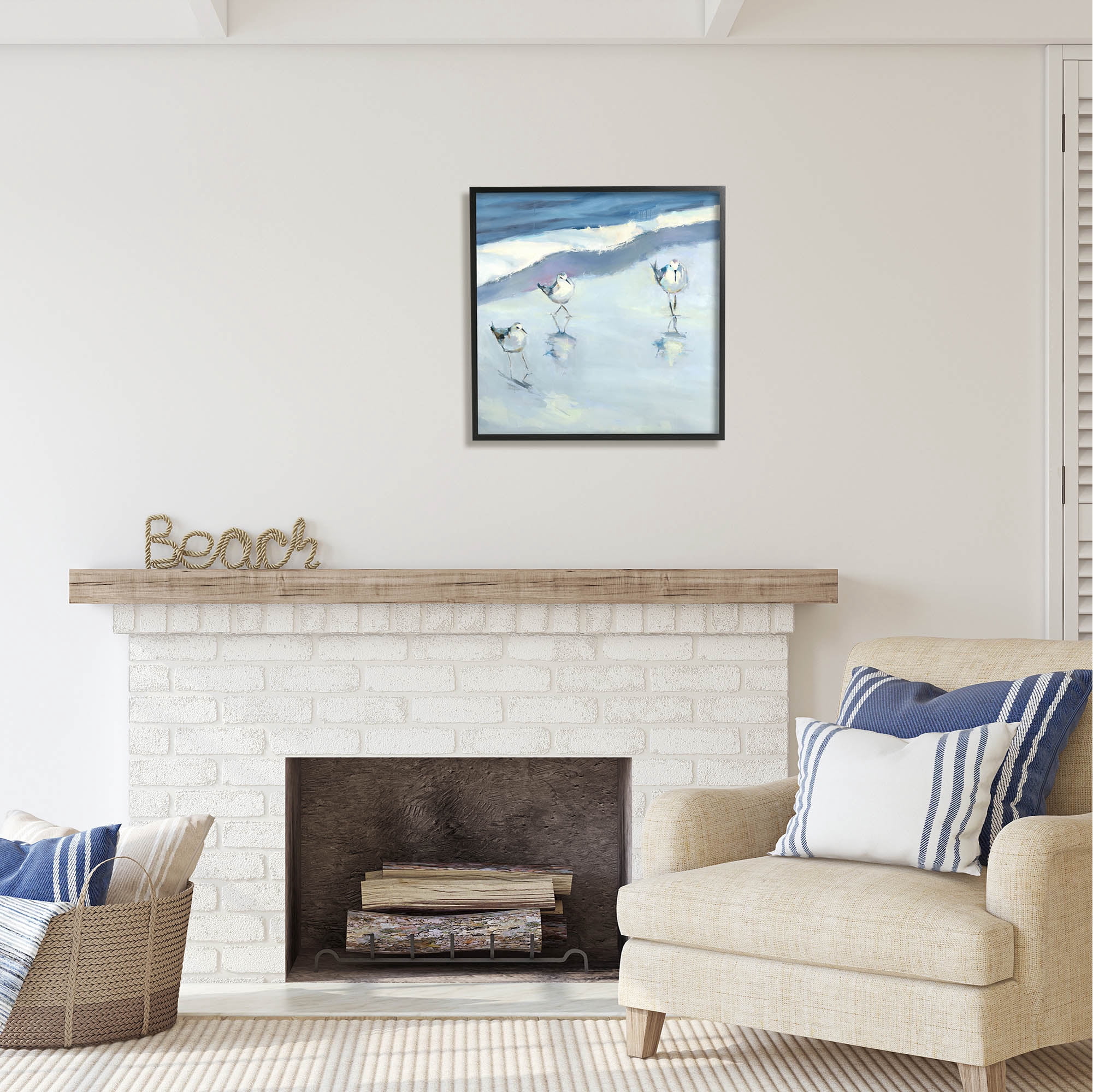 Stupell Industries Blue Abstract Sandpipers Painting Coastal Painting Black Framed Art Print Wall Art