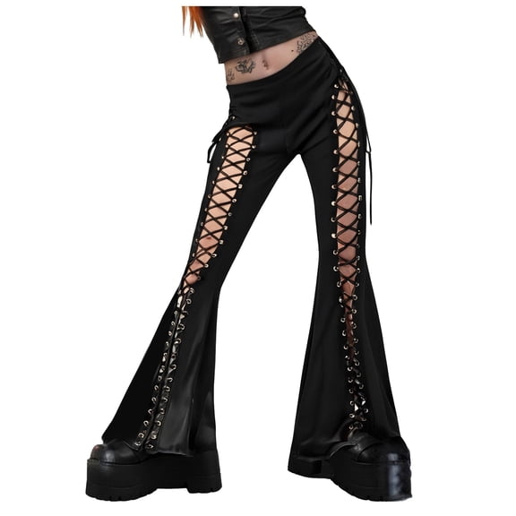 Casual Streetwear Flared Pants With Eyelet Lacing Detail For A Dark Pants for Women Casual