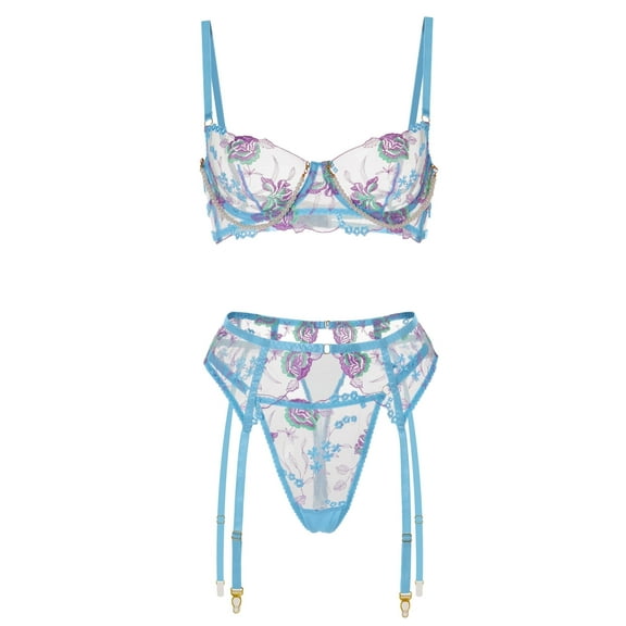 Blue Floral Embroidery Pearl Chain Lingerie Set (BLUE, S)