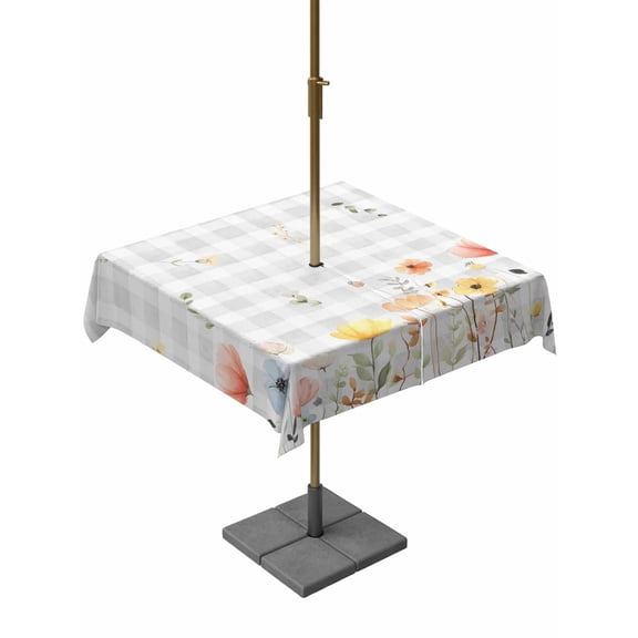 Outdoor Tablecloth with Umbrella Hole for Patio/Picnic/Party/Camping, Botanical Wildflowers Waterproof Table Cloth Square Cover Washable, Spring Farmhouse Floral Grey Plaid (54"x 54")
