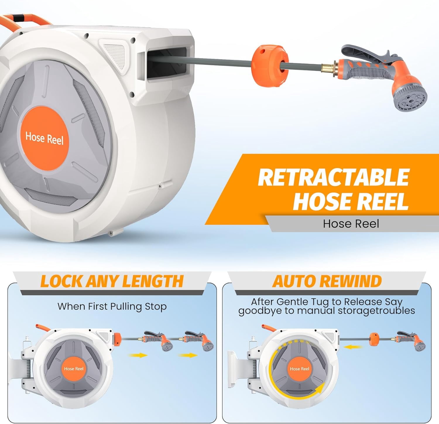 ChaoLink Retractable Garden Hose Reel 1/2 Inch*65 Ft - UV Resistant, Heavy Duty with 9 Function Sprayer Nozzle