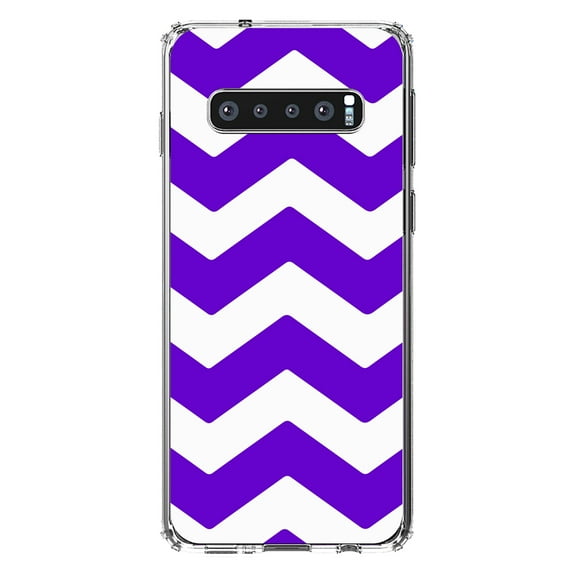DistinctInk Clear Shockproof Hybrid Case for Samsung Galaxy S10 (6.1" Screen) - TPU Bumper, Acrylic Back, Tempered Glass Screen Protector - Purple White Stripes - Stripes Pattern