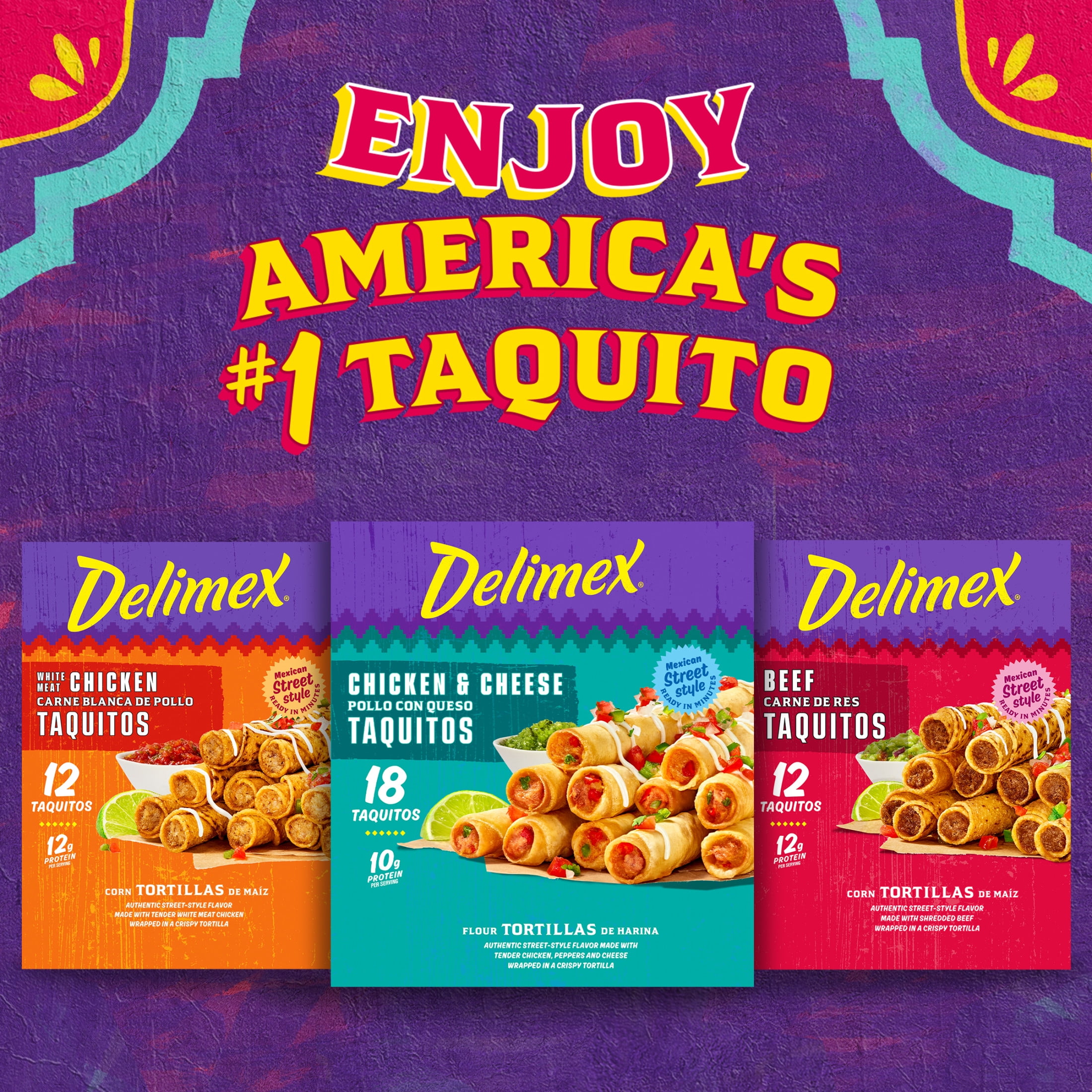 Delimex Chicken & Cheese Taquitos Frozen Snacks, 18 Count Box
