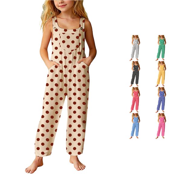 ZXLBBD Girls' Girls Wide Leg Romper with Polka Print and Front Pockets for Kids Stylish Loose Fit Piece Jumpsuit for Girls Summer Dailywear,Khaki,Size 7 Y-8 Y