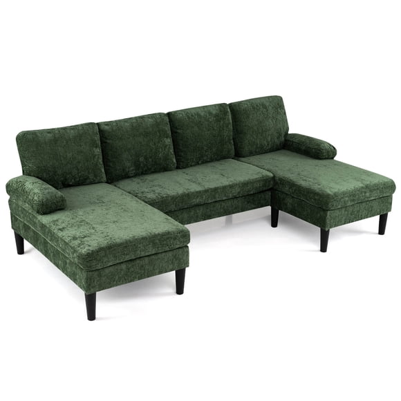 Costway Sectional Couch, Chenille Upholstered Sofa Couch with Double Chaise for Home Office Green