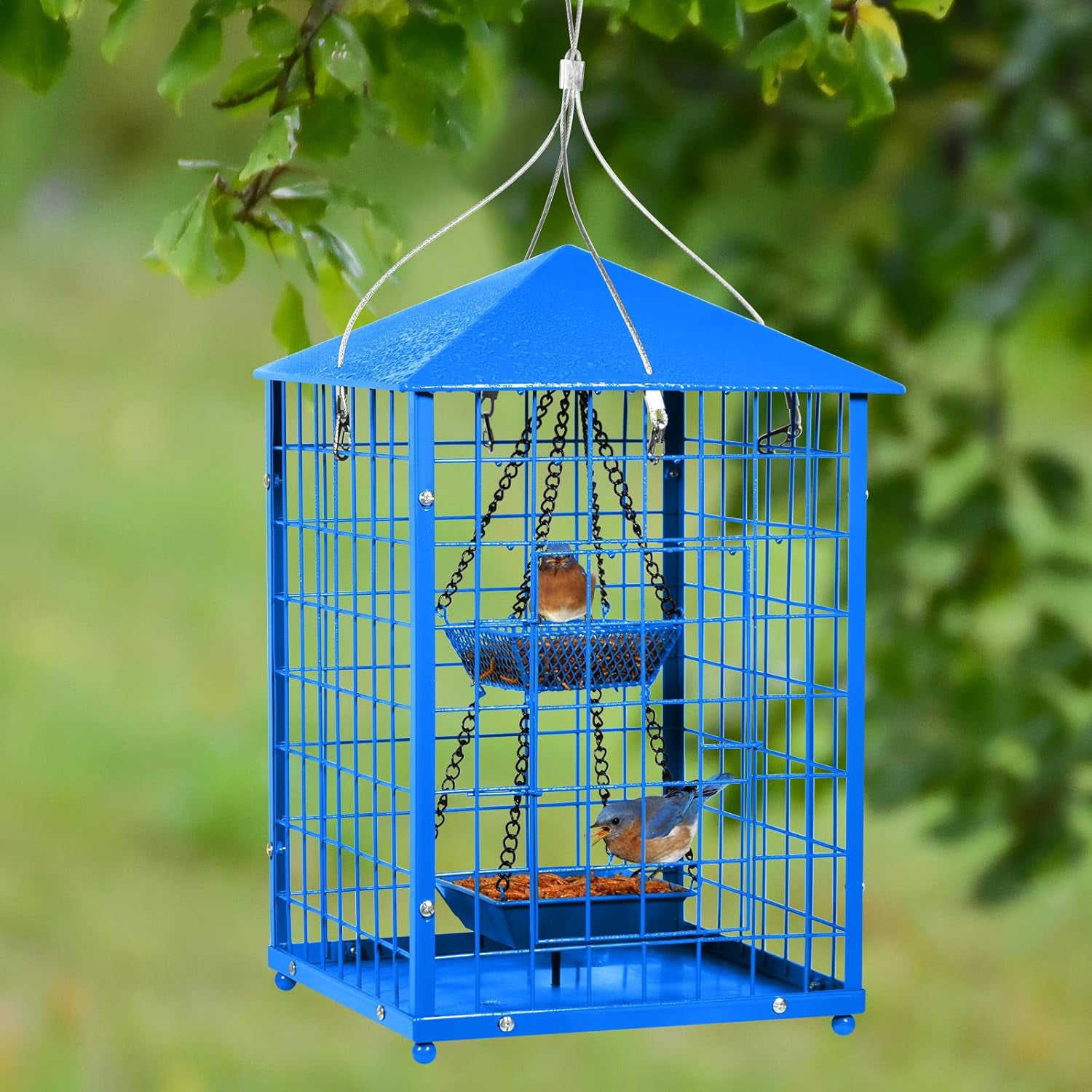 Bird Feeders for Bluebirds - Metal - Huge Caged Squirrel-proof Bird Feeders with 2 Cups, DIY Wild Bird Feeders Outdoor Hanging (Blue), Attract Small Birds, 2lbs Seed Capacity+1 Cup