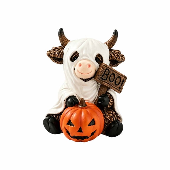 Halloween Highland Cow Figurine, Cute Spooky Pumpkin and Ghost Calf Resin Statue Tabletop Decorations for Table Fireplace Shelf Tiered Tray Home Decor, Party Favors Gifts