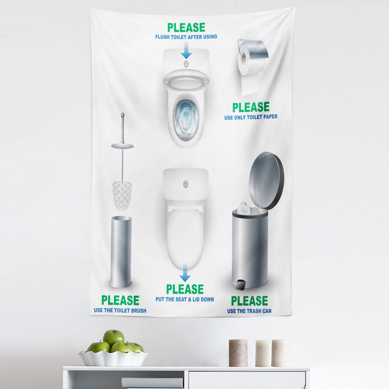 Bathroom Rules Tapestry, Paper Roll Trash Bin Brush for Please Keep