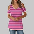 thumbnail image 2 of ZQGJB Womens Casual Striped Print T-Shirts Trendy V Neck Summer Off the Shoulder Tunic Blouse Loose Lightweight Comfy Pullover Tops Hot Pink S, 2 of 6