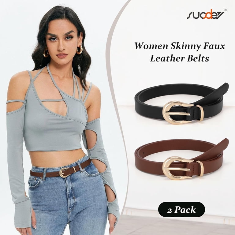 2 Pack Skinny Faux Leather Belt with Gold Buckle TRIWORKS 2 Pack Women Leather Belt for Jeans Pants Fashion  main image 2