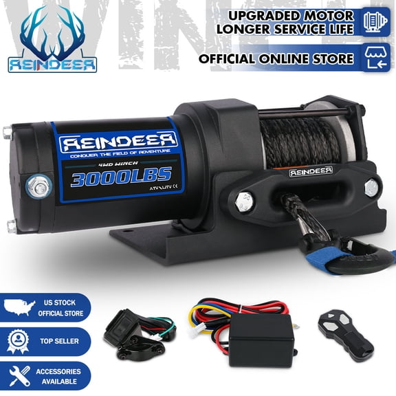 REINDEER 3000lbs Electric Winch 12V Winch ATV Winch Kit UTV Synthetic Rope Winch Wired Control with Wireless Remotes for ATV UTV Boat