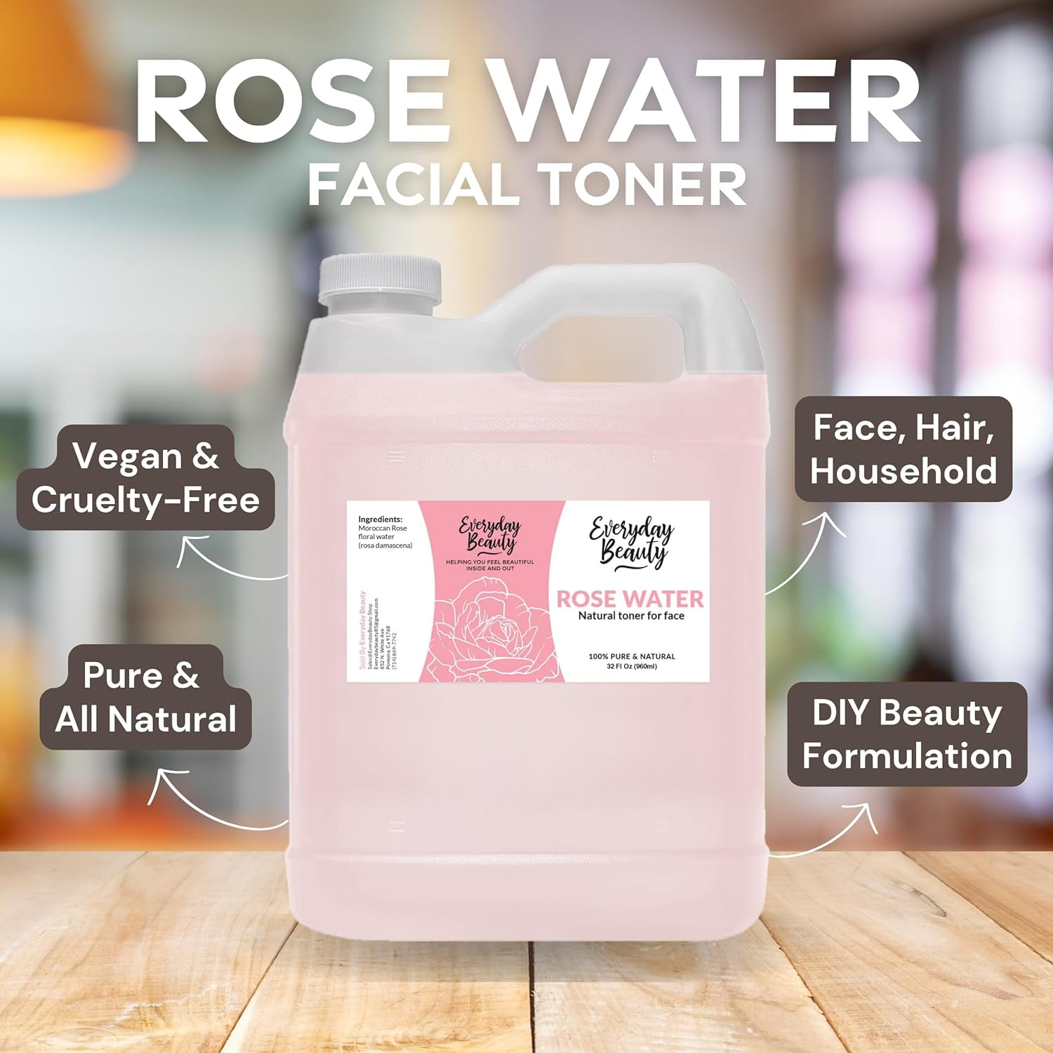 Rose Water Facial Toner - Alcohol-Free Vegan All Natural Refreshing for Face and Hair - Uplifts, Calming & Soothing for All Skin Types - 32oz