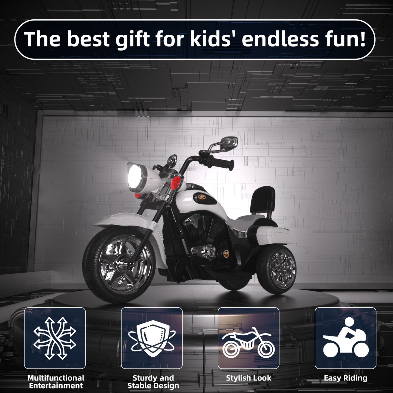 KORIMEFA 3 Wheel Kids Ride On Motorcycle 6V Battery Powered Electric Toy White