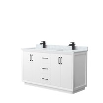 60 in. Strada Double Bathroom Vanity, White, White Carrara Marble Countertop, Undermount Square Sink & Matte Black Trim