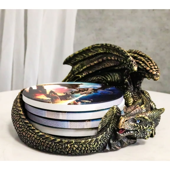 Medieval Smaug Dragon Coaster Set Sleeping Drake Holder With Four Coasters Decor