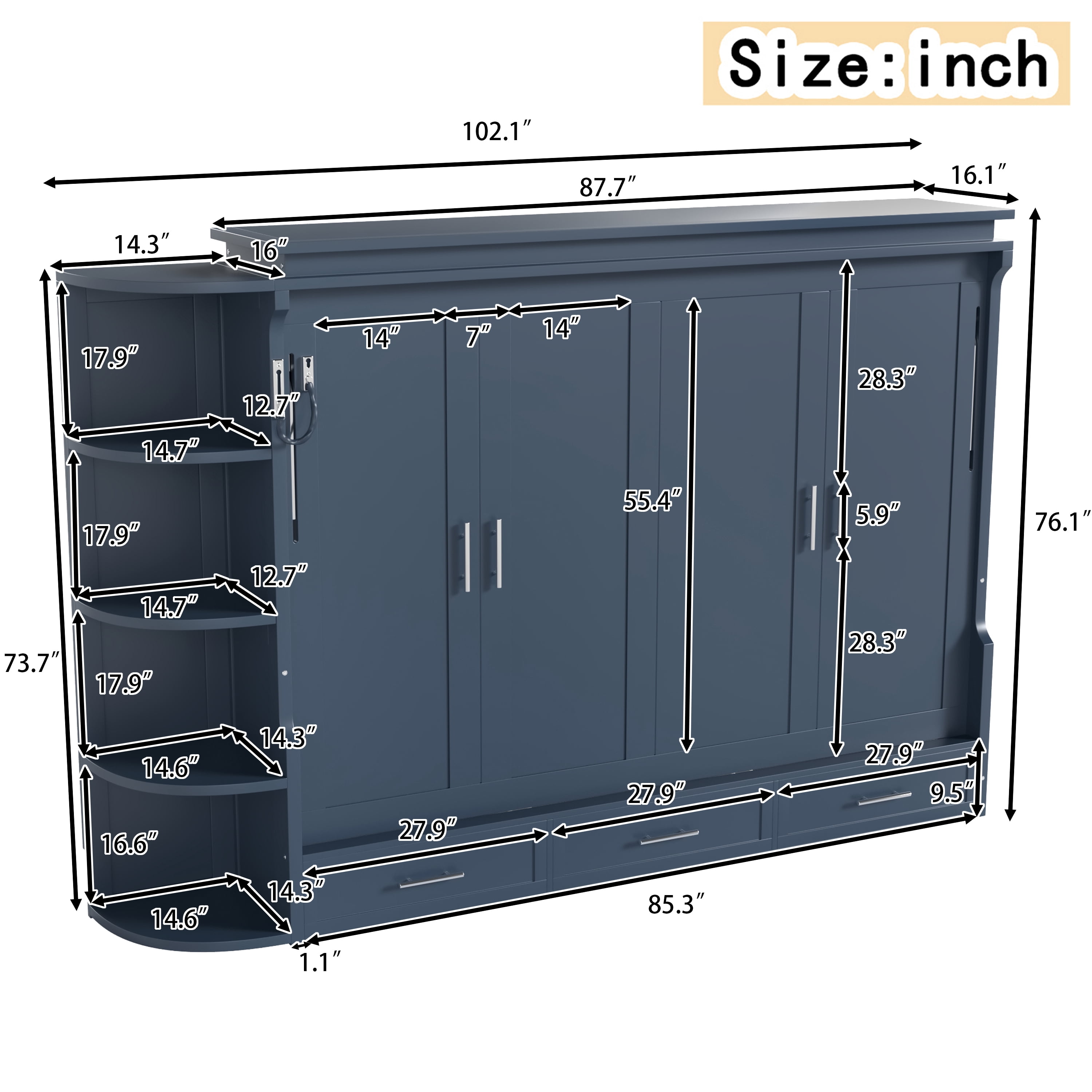 Mintazer Queen Murphy Bed with Side Cabinets & 3 Drawers, Wall Foldable Bed with Storage for Bedroom Guest Room Home Office, Blue