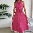 thumbnail image 3 of Women's Sleeveless Halter Neck Pleated Midi Cocktail Dresses A Line Flowy Beach Maxi Dress with Belt, 3 of 6