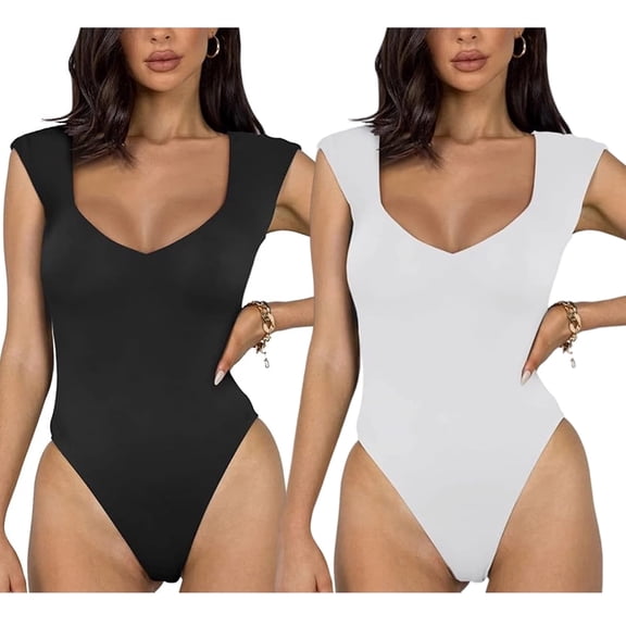 SOMER Women Bodysuit 2 Piece Slim-Fit V-Neck Sleeveless Sexy Casual Jumpsuits Black White