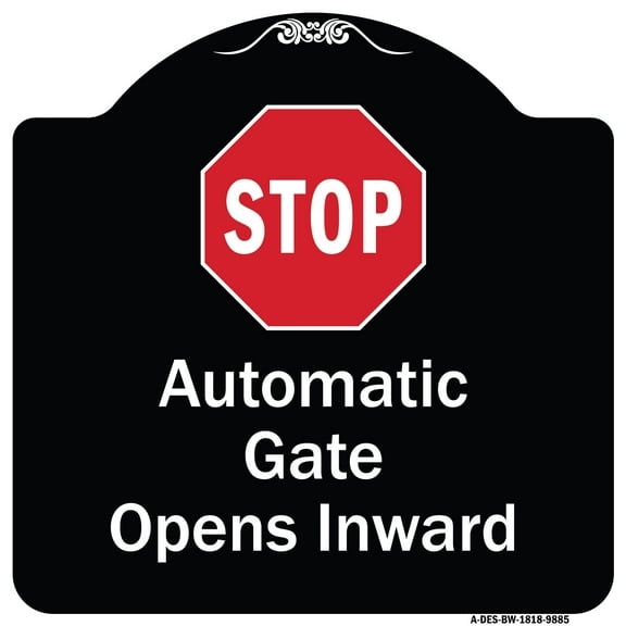 SignMission Designer Series Sign - Stop, Automatic Gate, Opens Inward With Symbol | Black & White 18" X 18" Heavy-Gauge Aluminum Architectural Sign | Made in the USA