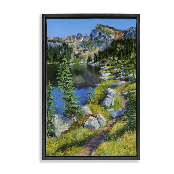 Stupell Industries Alpine Lake Landscape Landscape & Nature Painting Black Floater Framed Canvas Art Print Wall Art, 17 x 25