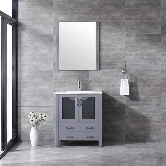 30 in. Volez Single Vanity, Integrated Top, White Integrated Square Sink & 28 in. Mirror with Faucet - Dark Grey