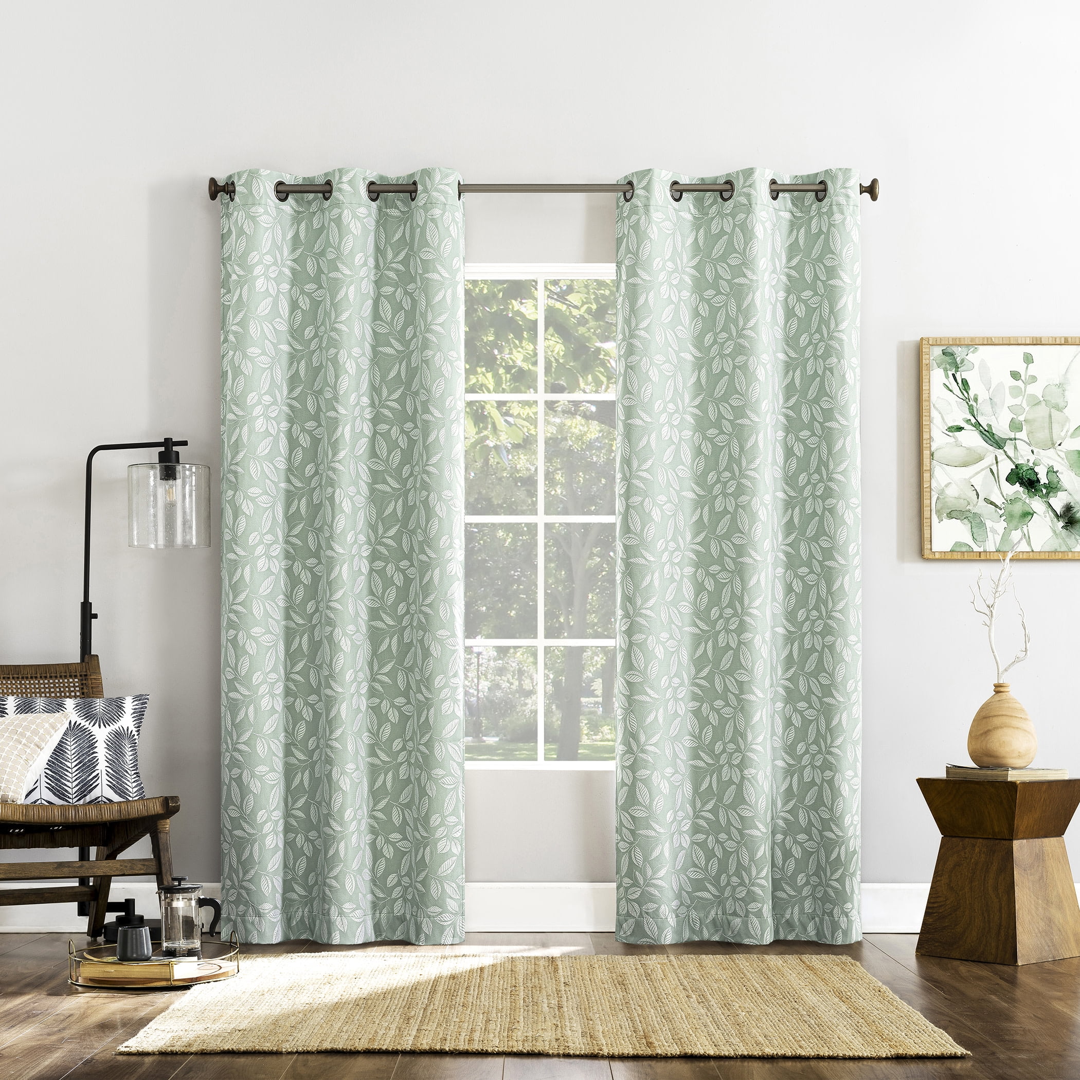Sun Zero Satti Embroidered Leaf 100% Blackout Grommet Curtain Panel, 40"X84", Sage Green
