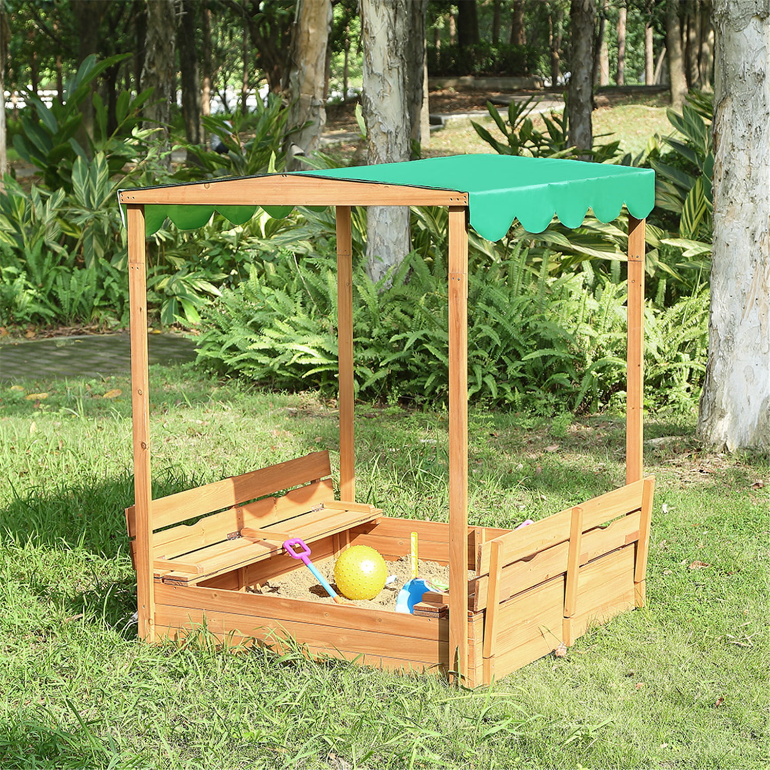 Round Wooden Sandbox with Cover 4 Seats Solid Weatherproof Cedar Wood Stained 