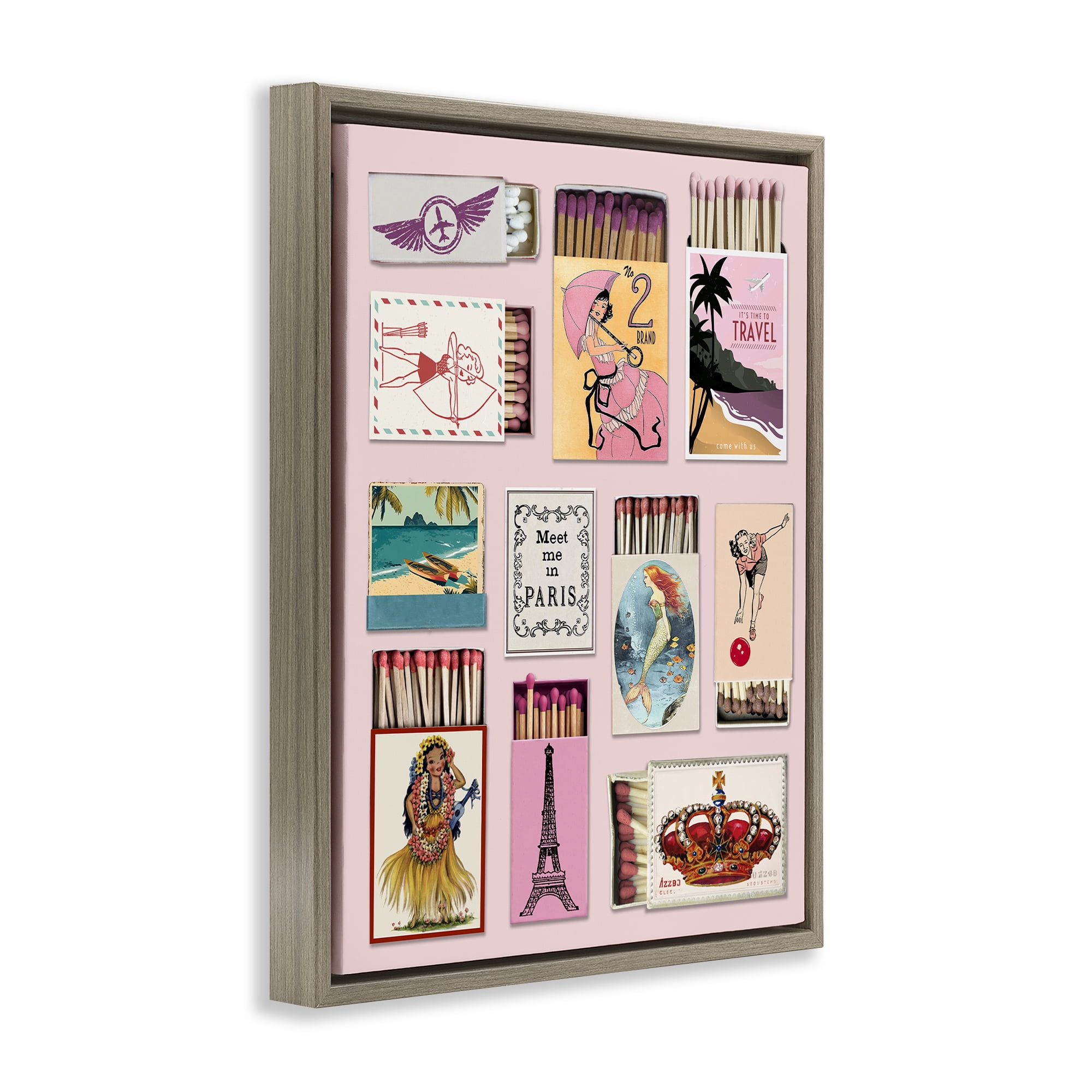 Stupell Industries Vintage Travel Matchbook Montage Brown Framed Floater Canvas Wall Art, design by CAD Designs