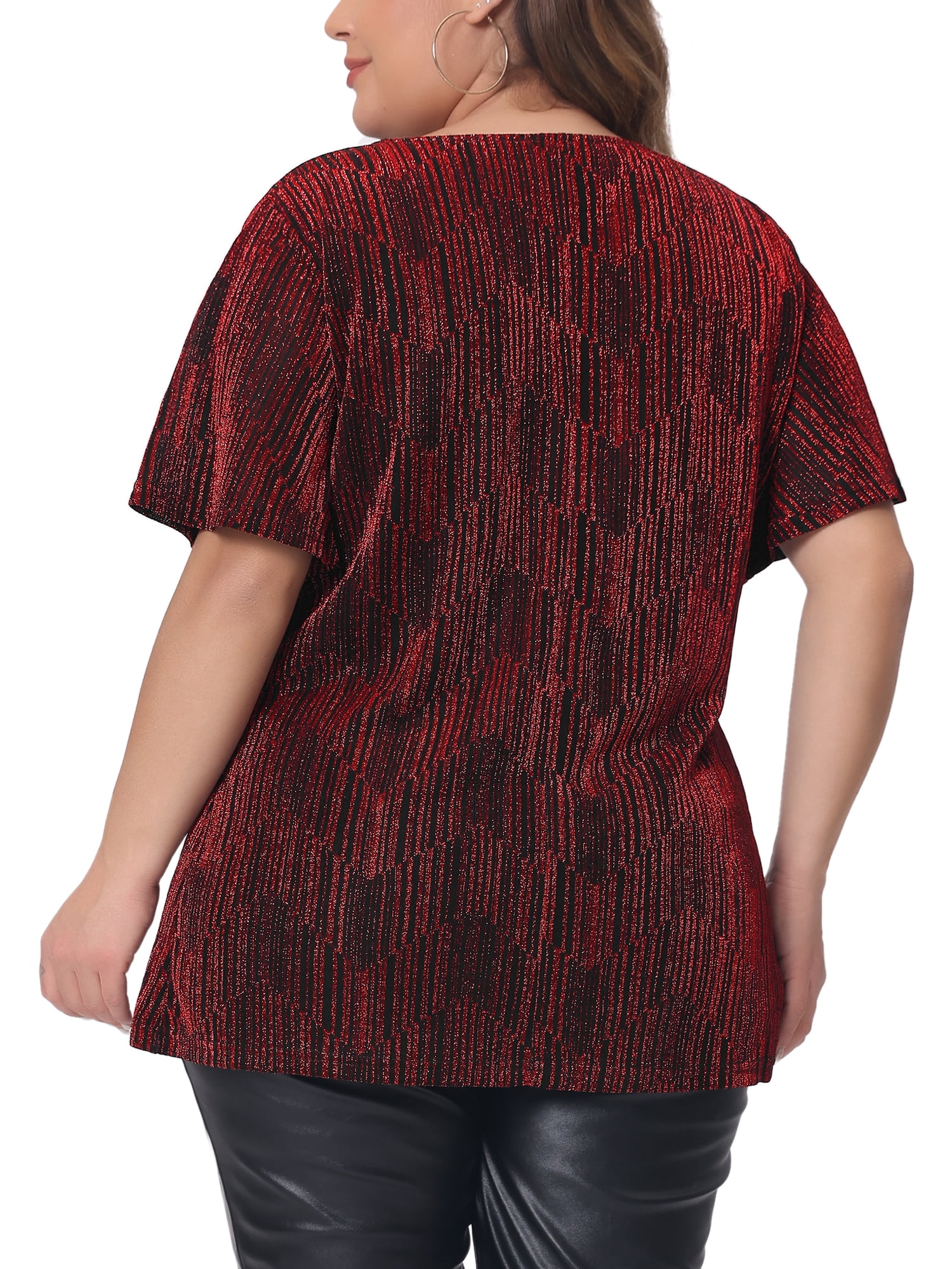Women's Plus Metallic Tops V Neck Short Sleeve T-Shirt Party Top Glitter Blouses 2X Burgundy