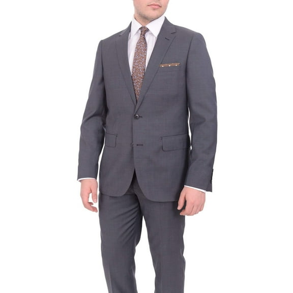 Mens Extra Slim Fit Heather Gray Blue Textured Two Button Wool Blend Suit