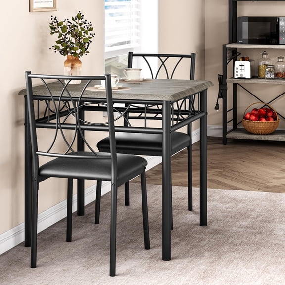 Dining Table Set for 2, Kitchen Table and Chairs for 2, Metal and Wood Square Dining Room Table Set with 2 Upholstered Chairs, 3 Piece Kitchen Table Set for Small Space, Apartment, Rustic Grey