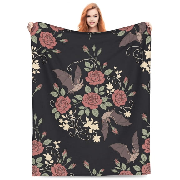 Gothic Blanket, Floral Bat Flannel Throw Blanket, Soft Cozy Lightweight Blanket for Bedroom, Sofa, Home Decor, Halloween Gift 50x40
